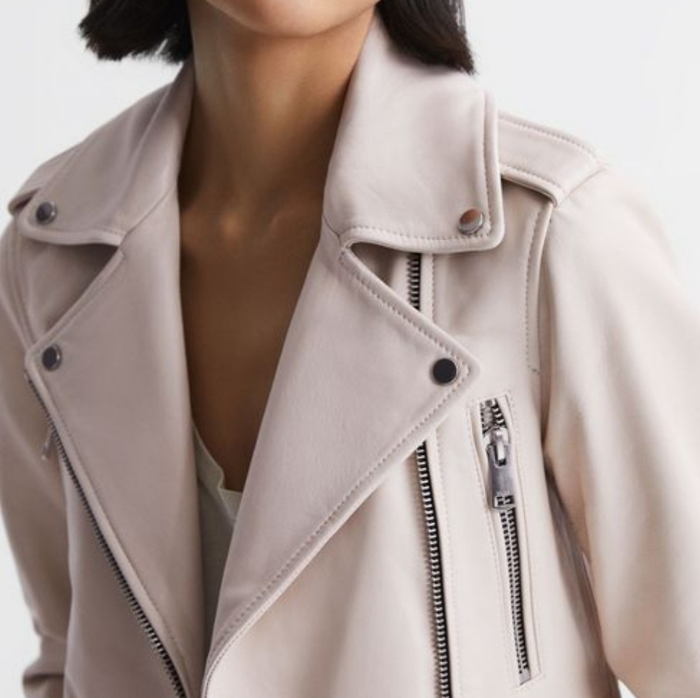 Reiss Santiago Leather Biker Jacket, Size US 6, off-white, NWT - Picture 12 of 13